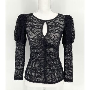 Smythe Juliet Keyhole Black Lace Blouse Long Puff Sleeve Ruched Womens Size S